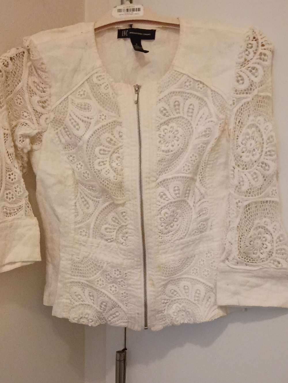 INC International Concepts Cream Lace Zip-Front Blazer